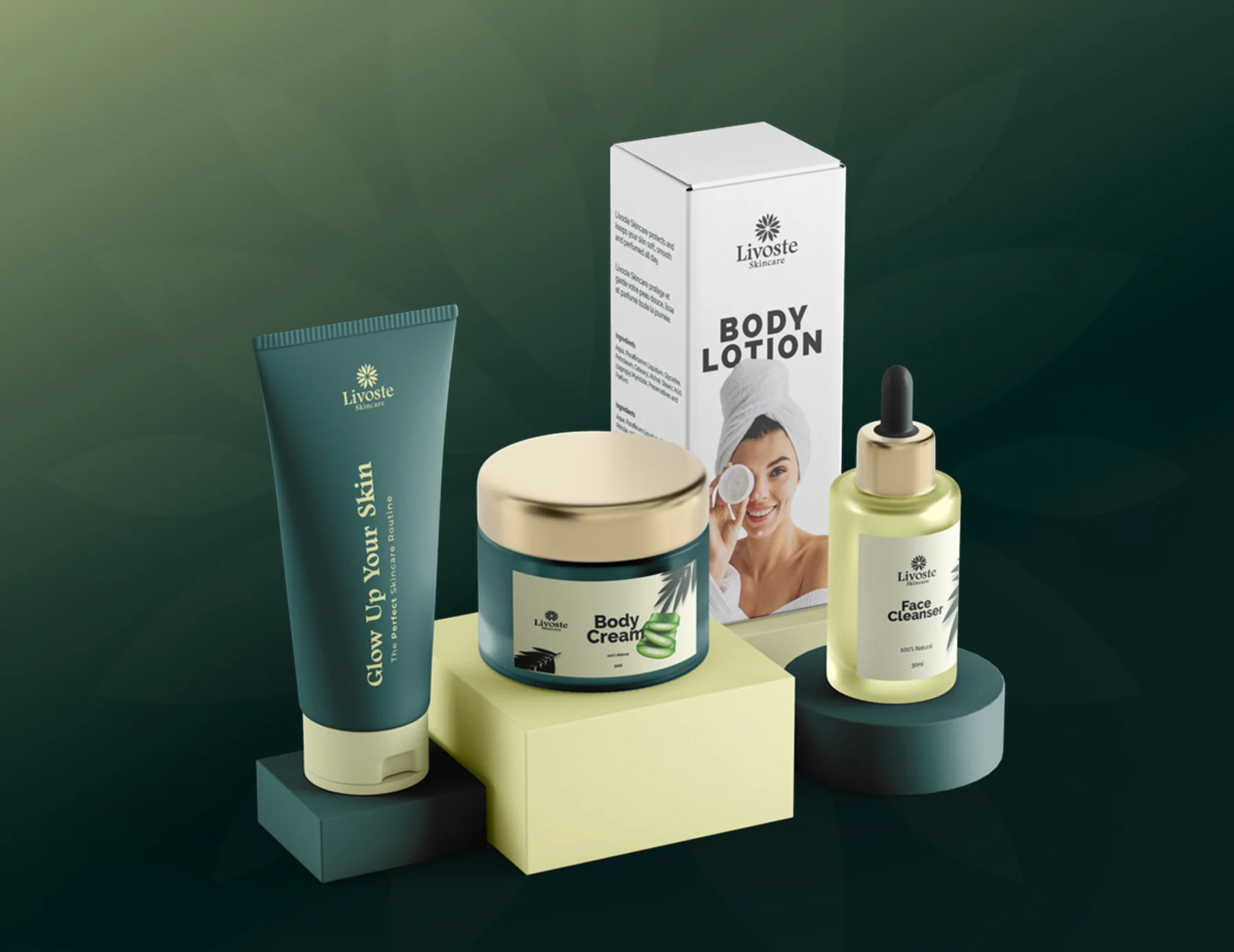 Livoste Skincare brand identity and packaging in green and pale yellow