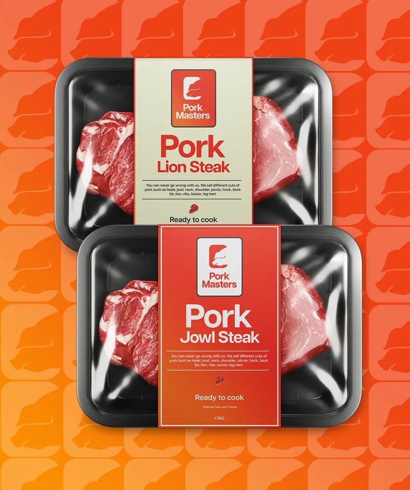 Pork Masters orange branded food packaging