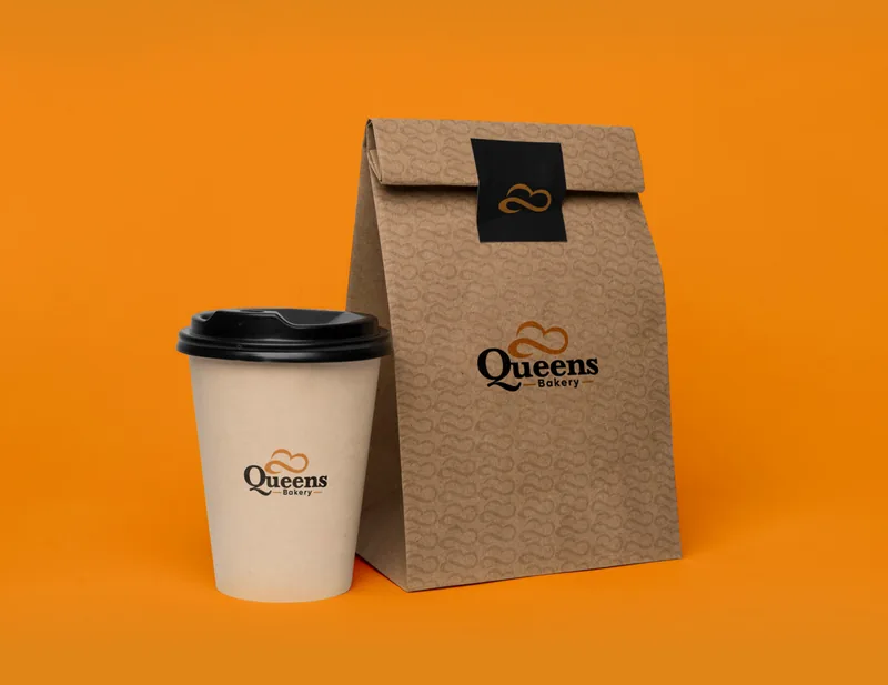 Queens Bakery orange and kraft takeaway packaging
