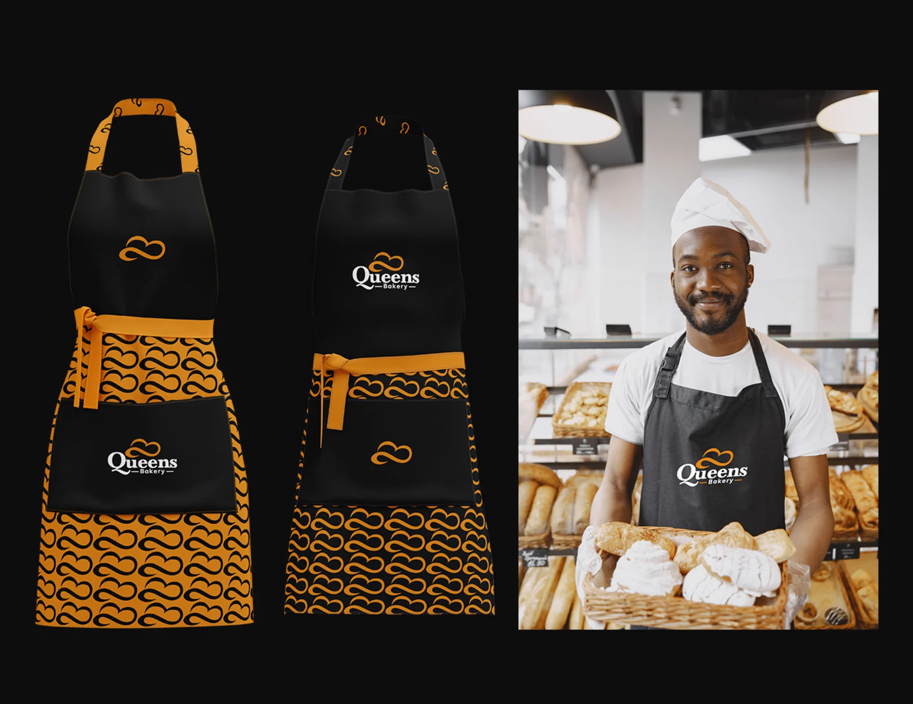 Queens Bakery aprons and staff clothing mockups